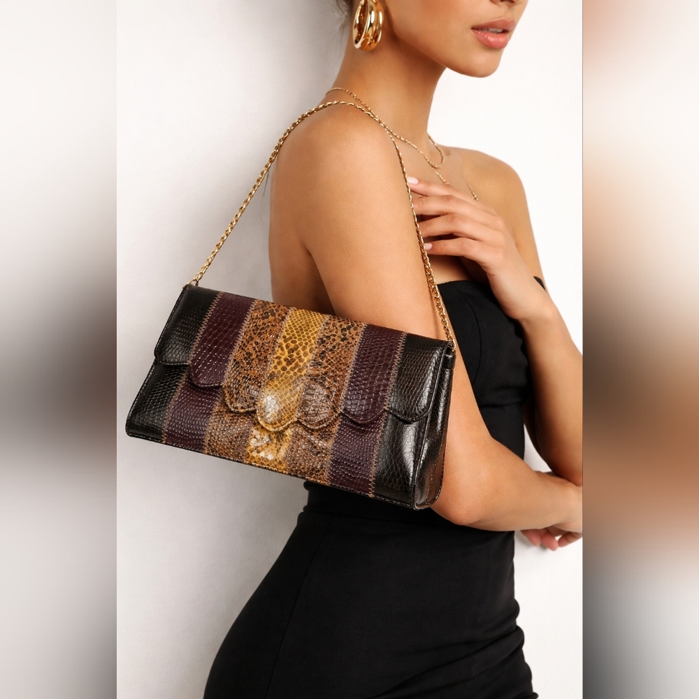 Vintage 90s‎ Snakeskin Patchwork Chain Shoulder Bag
